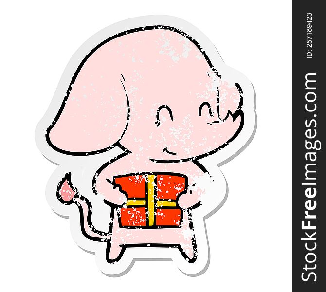 Distressed Sticker Of A Cute Cartoon Elephant With Present