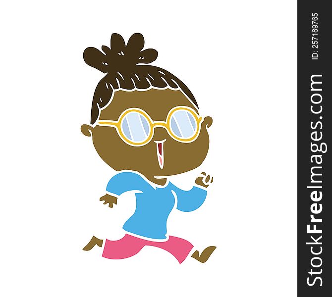 Flat Color Style Cartoon Running Woman Wearing Spectacles