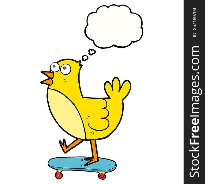freehand drawn thought bubble cartoon bird on skateboard