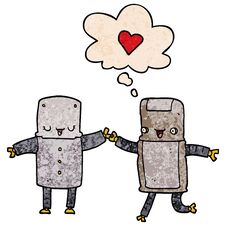 Cartoon Robots In Love And Thought Bubble In Grunge Texture Pattern Style Stock Photo