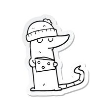 Sticker Of A Cartoon Mouse Thief With Cheese Royalty Free Stock Image