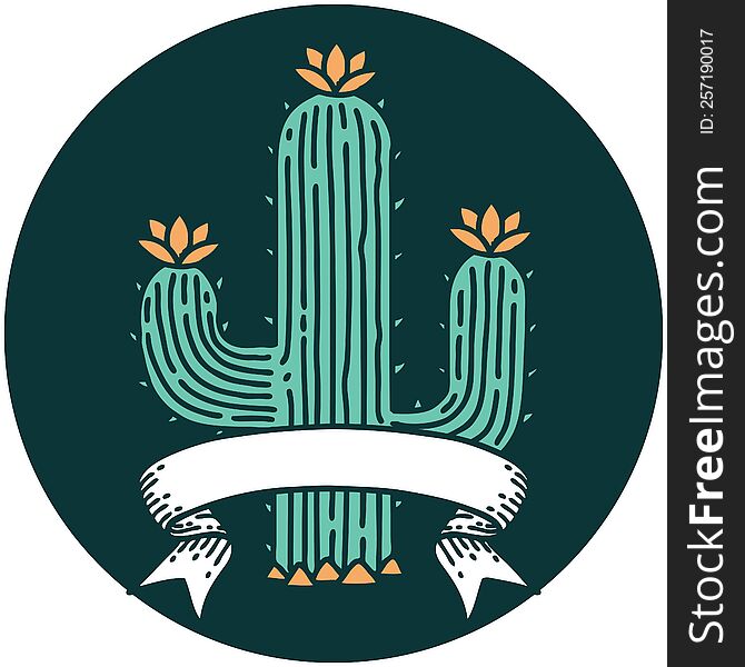 tattoo style icon with banner of a cactus