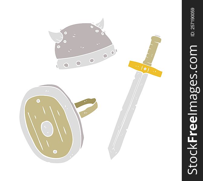 flat color illustration of a cartoon medieval warrior objects