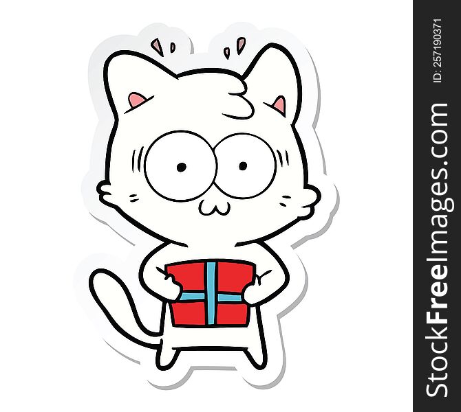 sticker of a cartoon surprised cat with christmas present