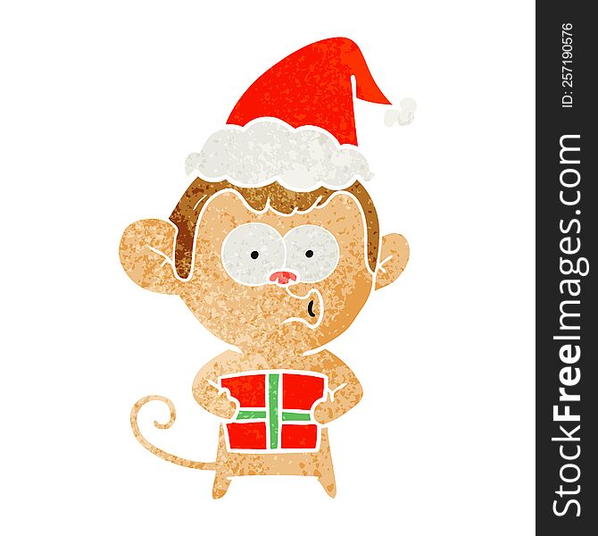 hand drawn retro cartoon of a christmas monkey wearing santa hat