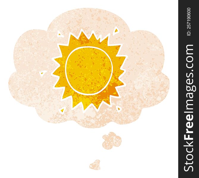 cartoon sun with thought bubble in grunge distressed retro textured style. cartoon sun with thought bubble in grunge distressed retro textured style