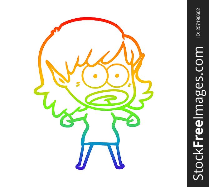 Rainbow Gradient Line Drawing Cartoon Shocked Elf Girl
