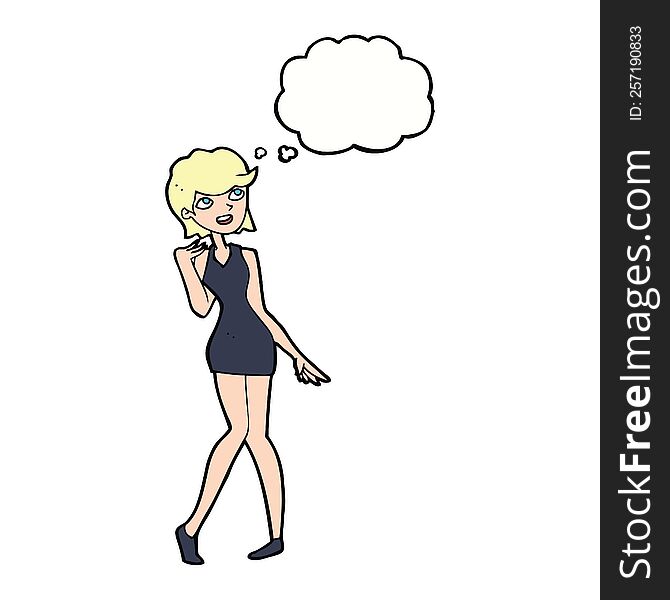 cartoon woman in cocktail dress with thought bubble