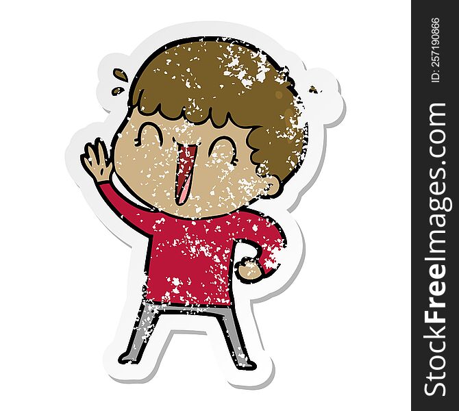Distressed Sticker Of A Laughing Cartoon Man Waving