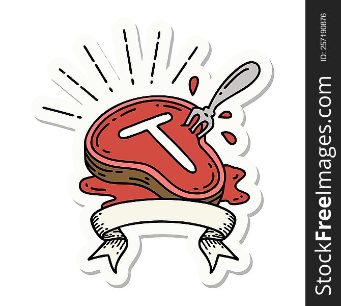 Sticker Of Tattoo Style Steak And Fork