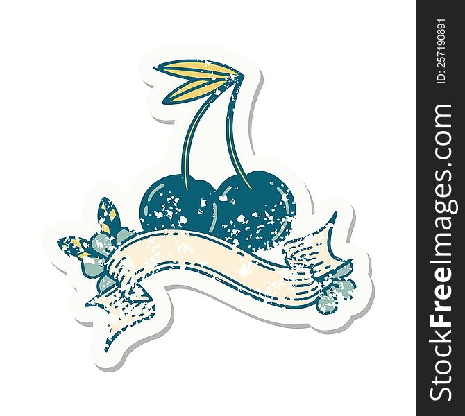 Grunge Sticker With Banner Of Cherries