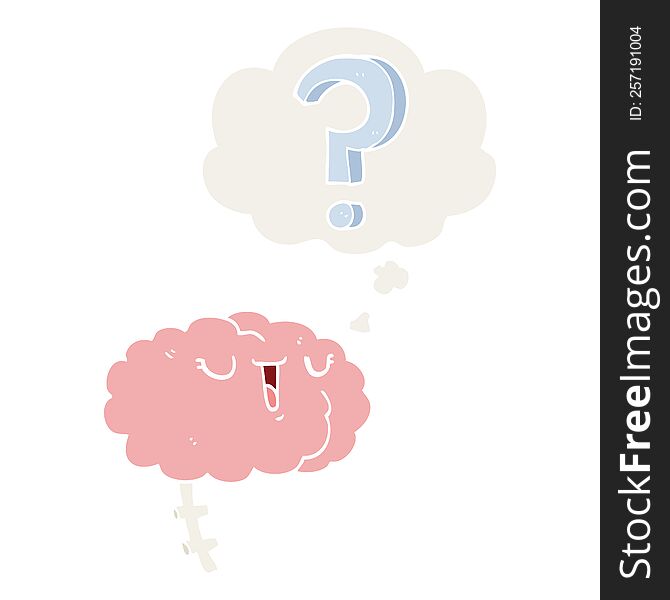 cartoon curious brain with thought bubble in retro style