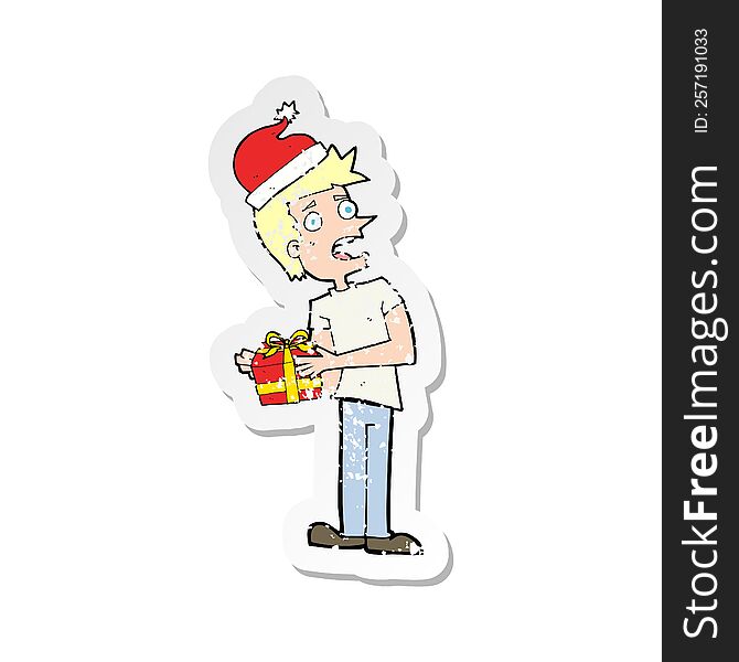 Retro Distressed Sticker Of A Cartoon Man With Present