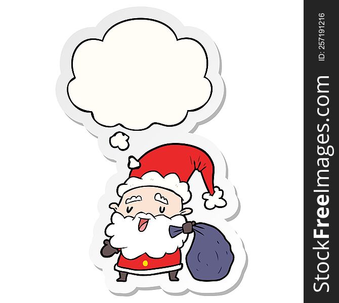 cartoon santa claus with sack with thought bubble as a printed sticker
