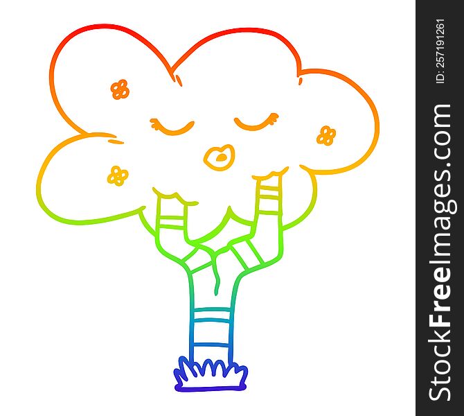 rainbow gradient line drawing of a cartoon tree with face