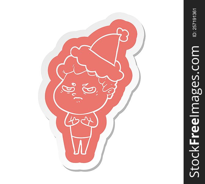 quirky cartoon  sticker of a angry man wearing santa hat