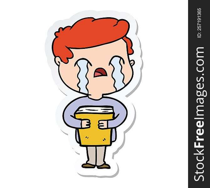 Sticker Of A Cartoon Man Crying Holding Book