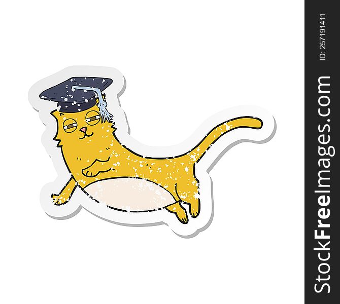 retro distressed sticker of a cartoon cat with graduate cap