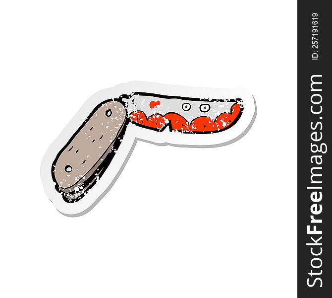 retro distressed sticker of a cartoon bloody folding knife