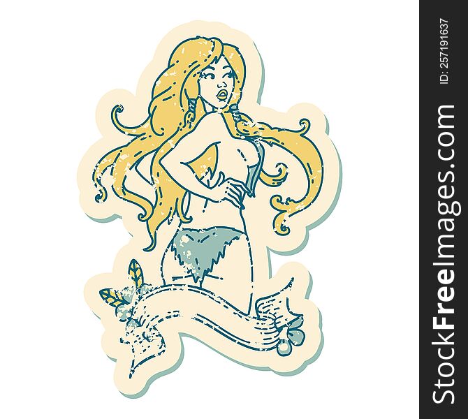distressed sticker tattoo in traditional style of a pinup viking girl with banner. distressed sticker tattoo in traditional style of a pinup viking girl with banner