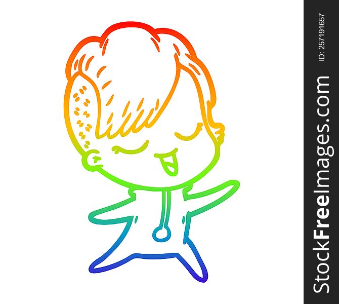 Rainbow Gradient Line Drawing Happy Cartoon Girl In Onesie