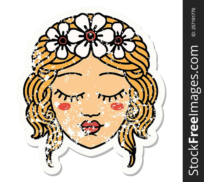 distressed sticker tattoo in traditional style of female face with eyes closed. distressed sticker tattoo in traditional style of female face with eyes closed