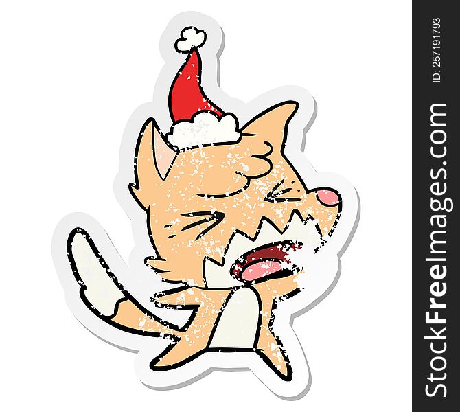 Angry Distressed Sticker Cartoon Of A Fox Wearing Santa Hat