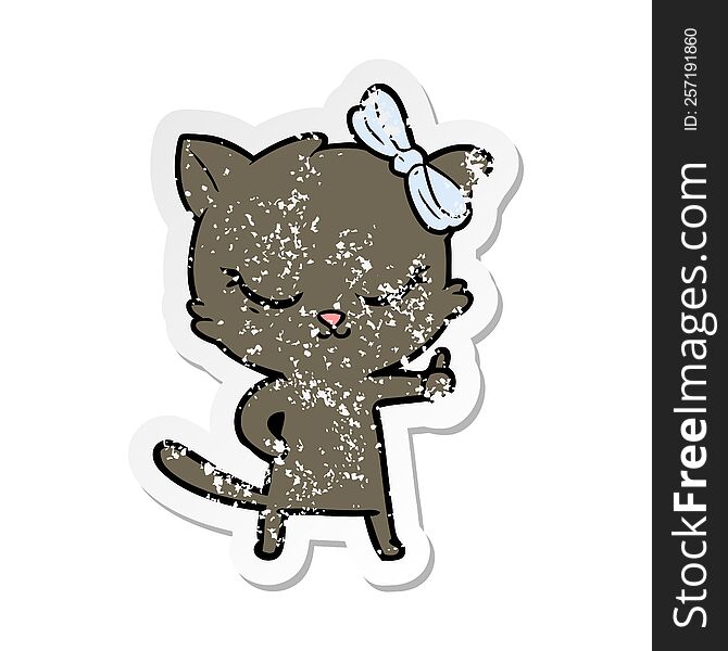 Distressed Sticker Of A Cute Cartoon Cat With Bow