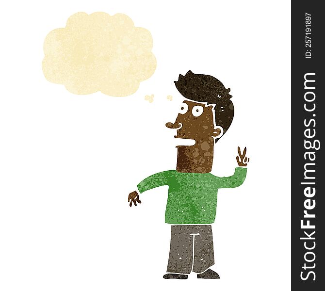 cartoon man making peace sign with thought bubble