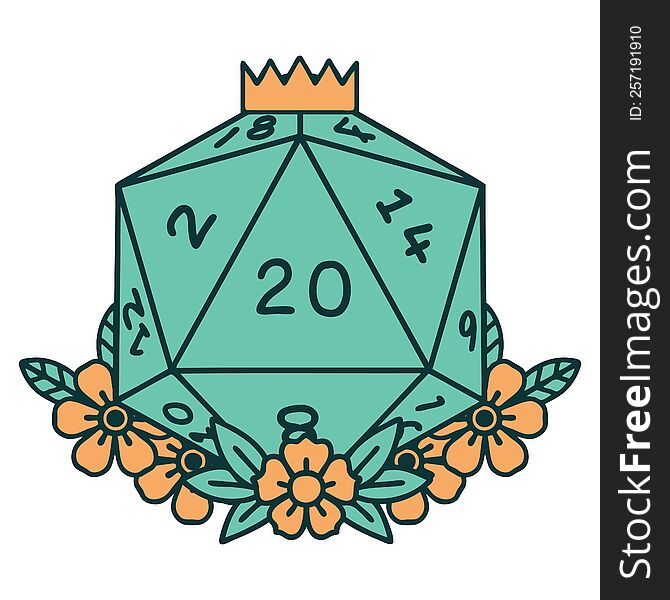 natural 20 D20 dice roll with floral elements illustration