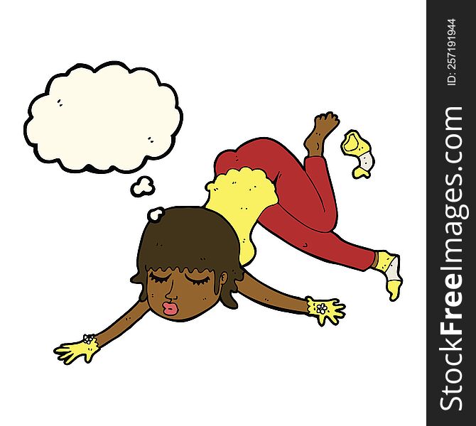 cartoon woman floating with thought bubble