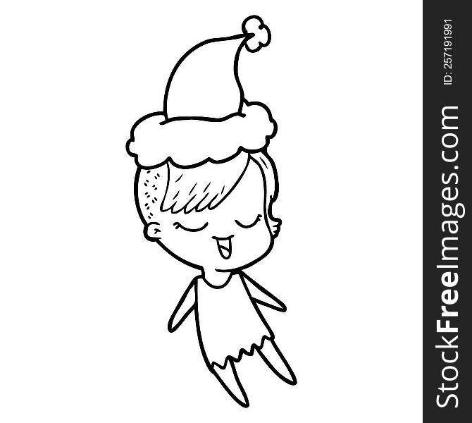 Happy Line Drawing Of A Girl Wearing Santa Hat