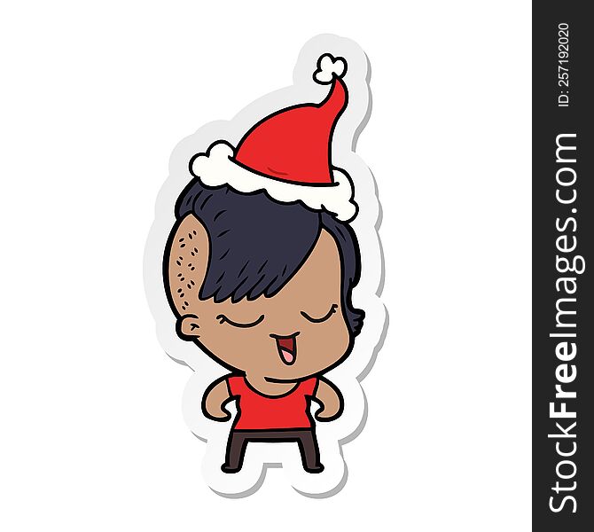 Happy Sticker Cartoon Of A Girl Wearing Santa Hat