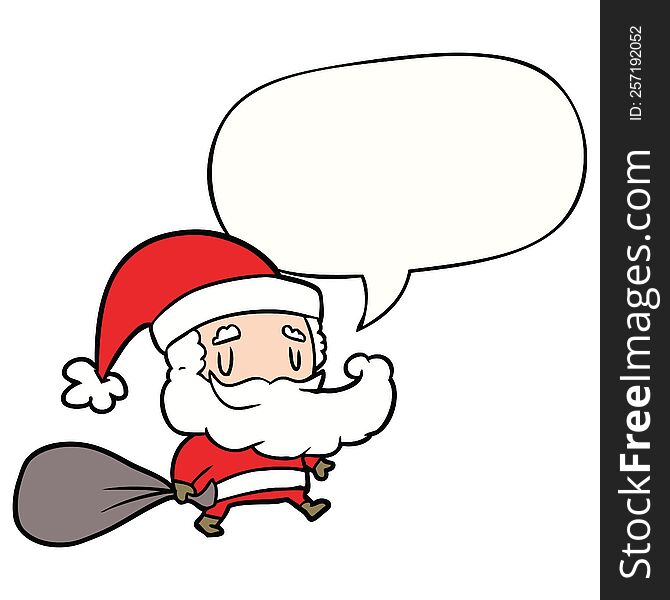 cartoon santa claus carrying sack of presents and speech bubble