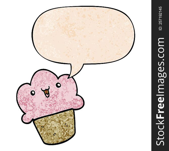 Cartoon Cupcake And Face And Speech Bubble In Retro Texture Style