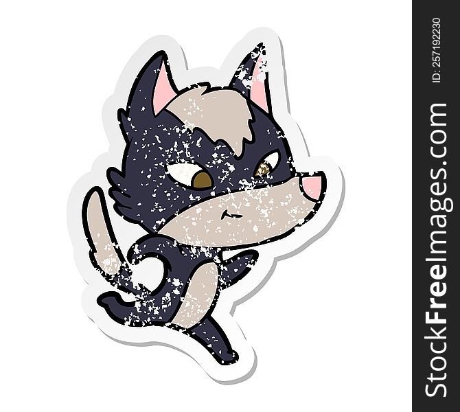 distressed sticker of a friendly cartoon wolf running