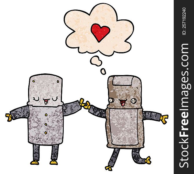cartoon robots in love and thought bubble in grunge texture pattern style