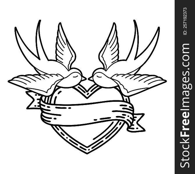 tattoo in black line style of swallows and a heart with banner. tattoo in black line style of swallows and a heart with banner