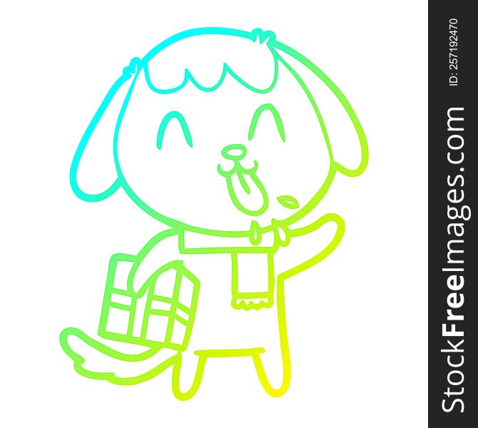 Cold Gradient Line Drawing Cute Cartoon Dog With Christmas Present