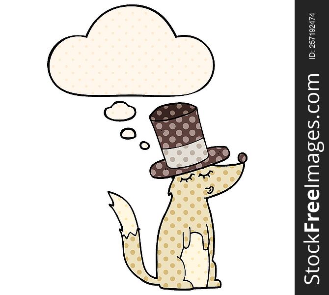 Cartoon Wolf Whistling Wearing Top Hat And Thought Bubble In Comic Book Style