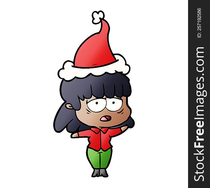 hand drawn gradient cartoon of a tired woman wearing santa hat