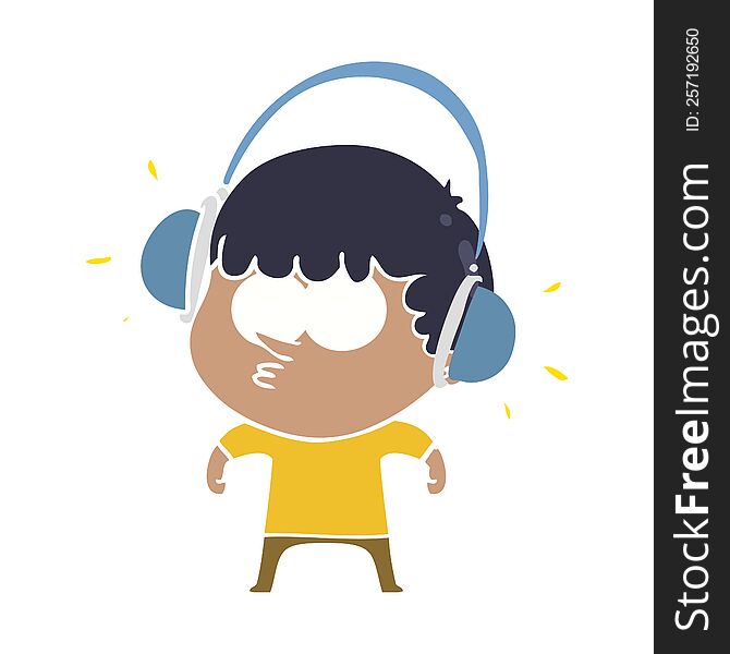 Flat Color Style Cartoon Boy Listening To Headphones