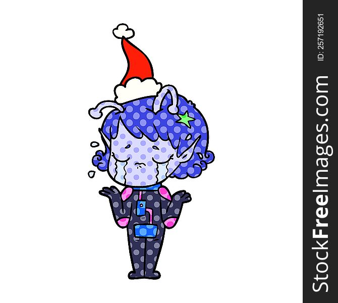 Comic Book Style Illustration Of A Crying Alien Girl Wearing Santa Hat