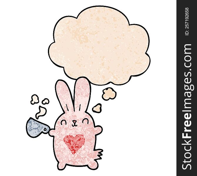 Cute Cartoon Rabbit With Love Heart And Coffee Cup And Thought Bubble In Grunge Texture Pattern Style