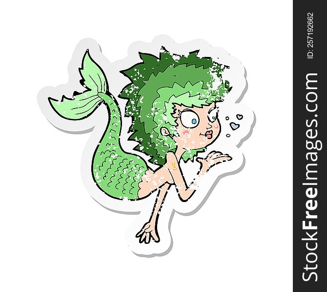 retro distressed sticker of a cartoon mermaid blowing a kiss