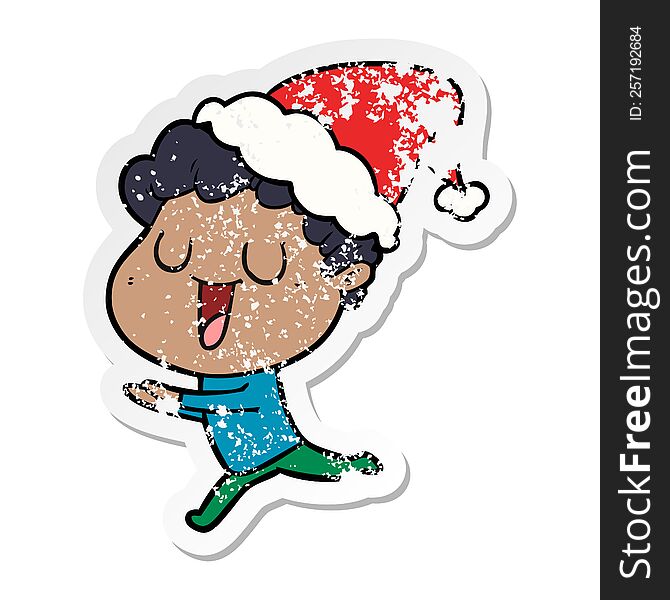 laughing hand drawn distressed sticker cartoon of a man running wearing santa hat
