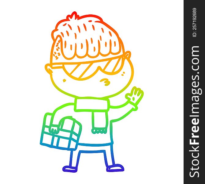 rainbow gradient line drawing of a cartoon boy wearing sunglasses carrying xmas gift