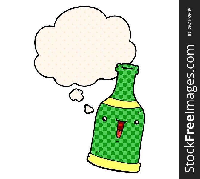cartoon beer bottle with thought bubble in comic book style