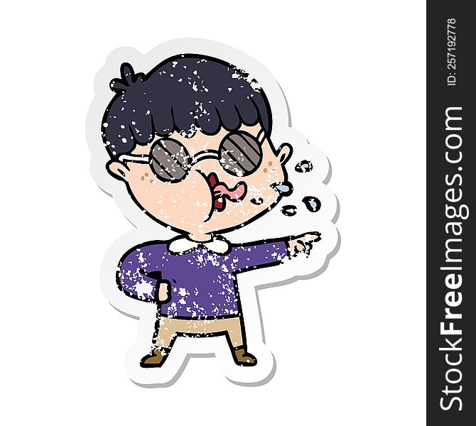 Distressed Sticker Of A Cartoon Boy Wearing Spectacles And Pointing