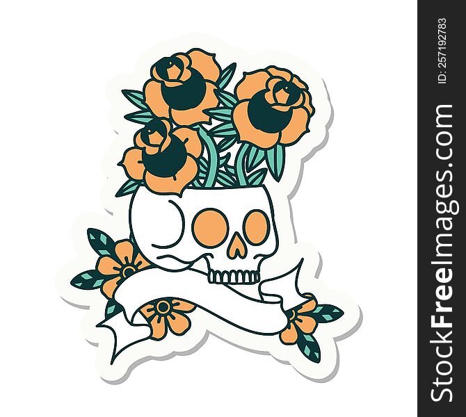 Tattoo Sticker With Banner Of A Skull And Roses